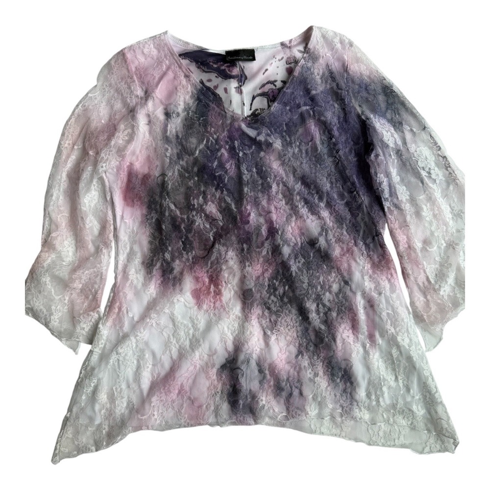 Brittany Black Purple Pink Lace Bell Sleeve Tunic Top V-Neck Abstract Watercolor